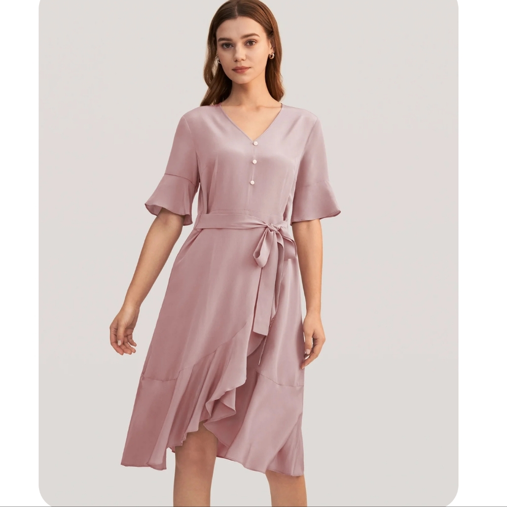 LILYSILK SILK Pink Ruffle Trim V Neck Dress XS Vintage Inspired Fluttery